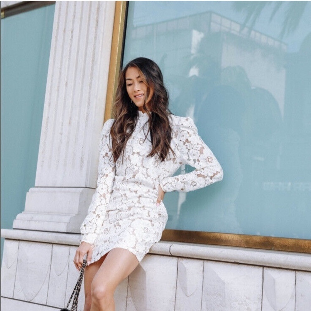 WAYF Emma Puff Sleeve Lace Dress Ivory Mini Long Sleeve Size XS Bridal Party NWT